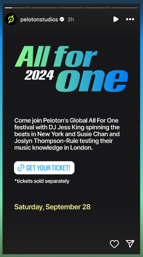 @PelotonStudios Instagram Story announcing 2024 All For One events.